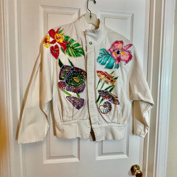 Fun Painted Jacket with Sparkly Fish and Flora - Picture 1 of 5